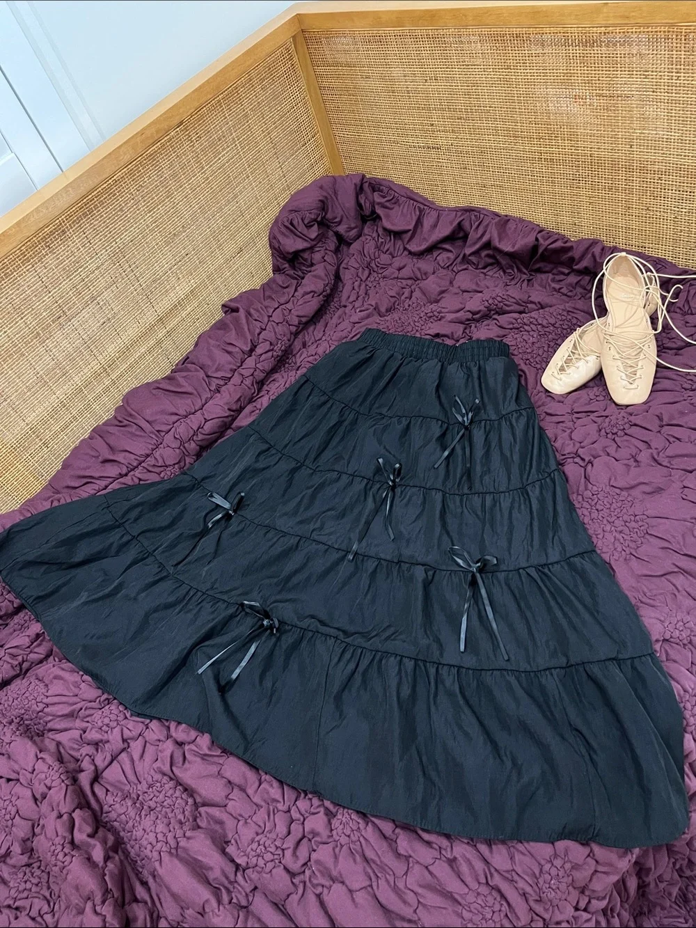 Black Tiered Midi Skirt with Ribbons 🎀